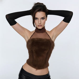 Sexy Mesh Patchwork Faux <b>Fur</b> Halter Top Women High Neck Slim Fit Sleeveless Clubwear Party Crop Top - Product Image 2