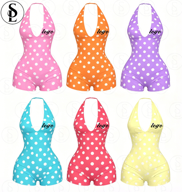 Women Polka Dot Halter Deep V Romper Bodycon Short Jumpsuit Bodysuit Summer Beach One Piece Playsuit