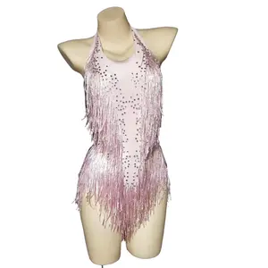 Saçaklı içi boş yüksek streç boncuklu Bodysuit yüksek kalite altın siyah kırmızı DJ parti Bodysuit podyum ana kostüm