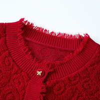 Cardigan en laine 100% tricoté sur mesure, pull jacquard à col rond pour femmes, motif rose 3D, ourlet à franges, boutons dorés, OEM/ODM.