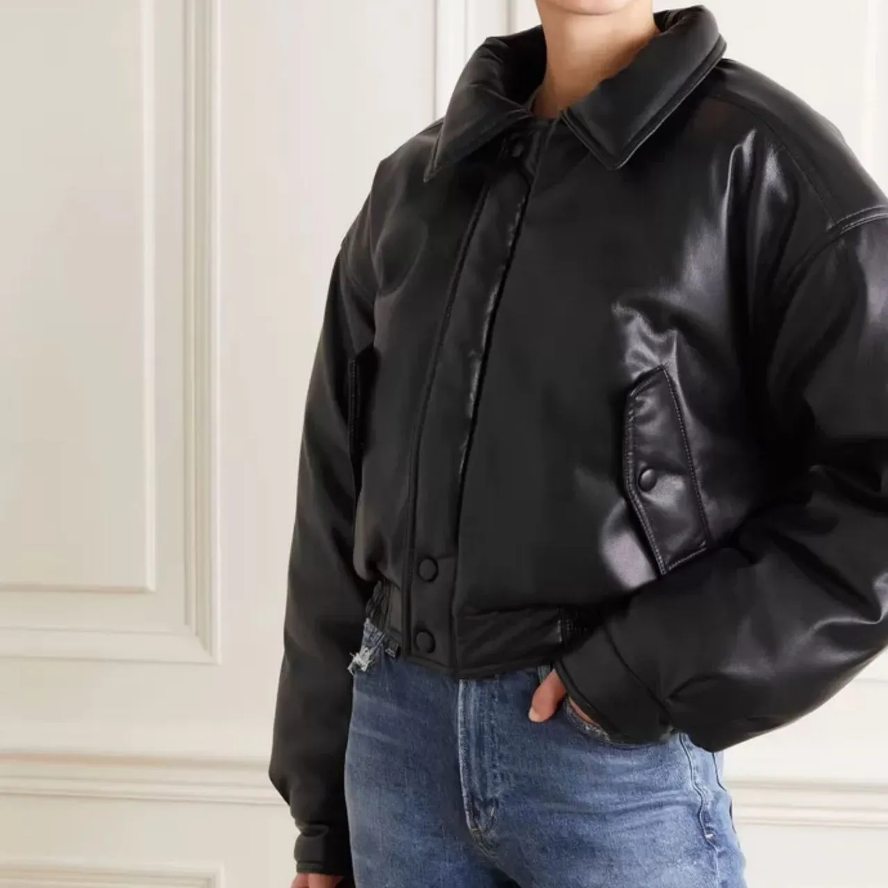 2023 Winter Fashion Oversized Down Jacket Goose Down Black Loose Turn-down Collar Lambskin Leather Coat