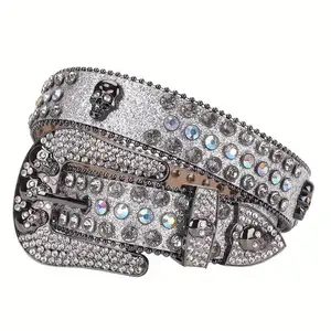 2023 New Designer Manufacture Wholesale Pu Leather Belts Shiny Buckle Studded Diamond Crystal Rhinestone Belt Bb Simon