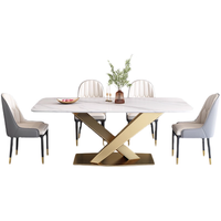 Ensemble table à manger moderne de luxe en acier au carbone, dessus en pierre de marbre, meubles de luxe stables pour villa, maison, appartement, hôtel et restaurant