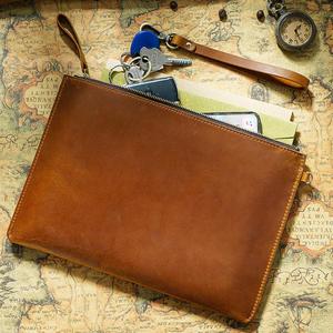 Vintage Crazy Horse Leather Clutch Bag Wristlet <b>Pouch</b> with Zipper Large Capacity Briefcase for Business & Daily Use - Product Image 1