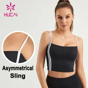 HUCAI OEM Polyester Spandex splicing strip slim fit women Asymmetrical sling workout gym yoga sports crop tank top padded bra