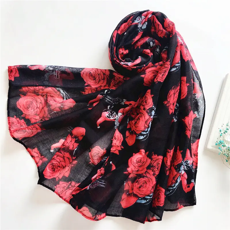 New 2021 Spring summer women readymade hijab instant red rose flower printed scarf vintage shawl Wholesales