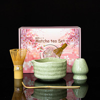 Ensemble de matcha en céramique de style japonais en terre cuite, 7 pièces, design chrysanthème, bec verseur, boîte cadeau, fouet à thé, qualité supérieure - 50-60