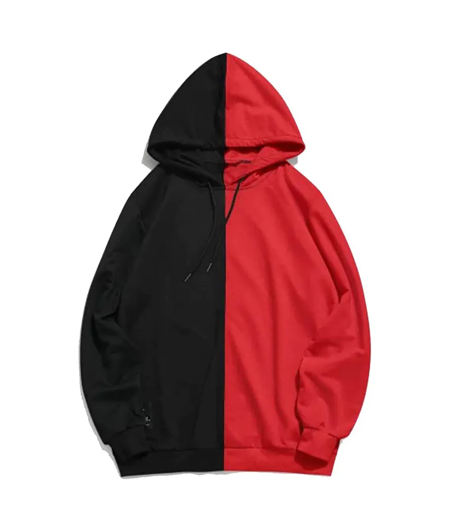 Unisex düz yarım siyah ve yarım kırmızı özel grafik baskılı Hoodie