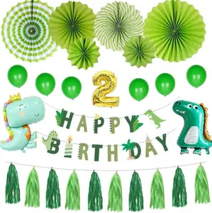 Grüner Dinosaurier Karikatur Ballon Banner hängende Papierfächer Quaste für Kinder 1. 2. 3. Geburtstag Partyzubehör Kulisse Dekor Set