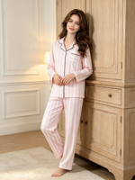 Pyjama en coton avec taille élastique, tissu tricoté respirant, motif rayé, doux et confortable, vêtements décontractés de luxe pour l'automne/le printemps