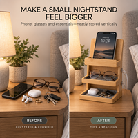 Organisateur de chevet compact en bambou de luxe moderne, support pour téléphone, étagère à lunettes, petite table de chevet, station d'accueil, écologique, personnalisé