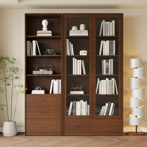 Tủ sách gỗ sồi nguyên khối màu óc chó có cửa kính, kiểu dáng hiện đại đơn giản, dùng để trưng bày trên sàn phòng khách - Product Image 4