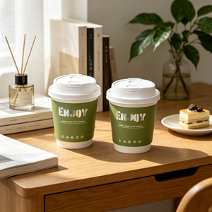 Tasses à café à double paroi vert foncé avec impression personnalisée ENJOY en feuille d'argent et couvercles blancs - Product Image 2