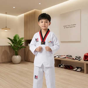 Uniforme de Taekwondo Ligero de Polialgodón para Niños, Dobok Transpirable con Cuello en V en Rojo y Negro, Venta al Por Mayor de Fábrica - Product Image 1