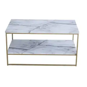 Tavolino in legno per soggiorno, piano in marmo rettangolo bianco, piano in marmo MDF dorato, metallo e legno, mobili di lusso