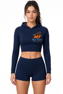 Best Quality Black Cropped <b>Hoodie</b> <b>and</b> <b>Shorts</b> <b>Set</b> 2 Piece Tracksuit Casual Drawstring Outfit - Product Image 2