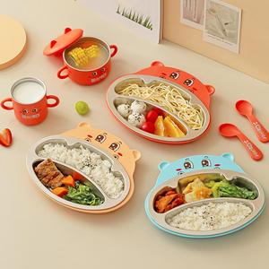 Ensemble de vaisselle pour enfants : <span class=keywords><strong>Assiette</strong></span>, bol à soupe et tasse en acier inoxydable avec motif de dessin animé mignon, cuillère et fourchette en PP durables et sûres - Product Image 1