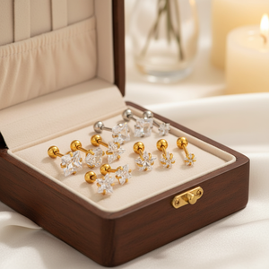 HENGSEN 20G Bijoux de piercing pour cartilage et tunnel en acier inoxydable plaqué or, avec zircone cubique, formes étoile, cœur, triangle, carré, pour cadeau - Product Image 3