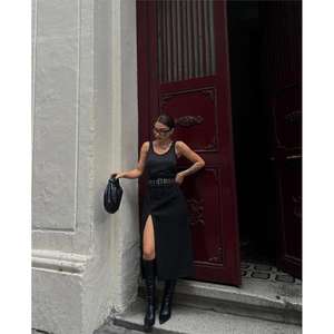 Modern <b>Black</b> Suede <b>Pencil</b> <b>Skirt</b> with Embroidered Slit Detail Formal Straight Style Made of Spandex Leather Plain Knitted Fabric - Product Image 4