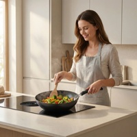 Wok en fonte avec manche en bois 32cm 1kg pour la cuisine, la maison et le restaurant personnalisable