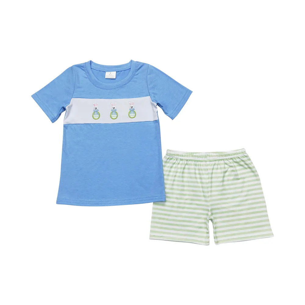 BSSO0398 Blue short-sleeved green striped shorts clothing 7 to14 years old Rabbit and radish embroidery child clothing sets