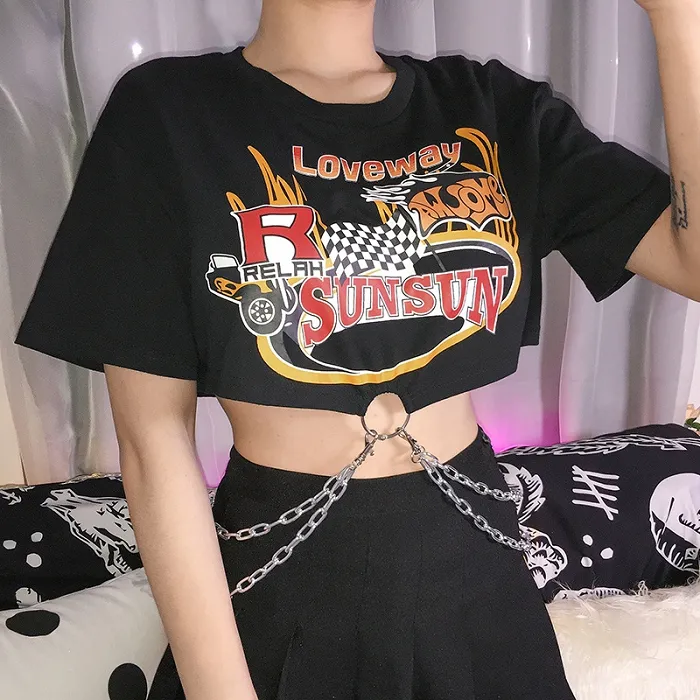 2020 Korean Punk Kurzarm T-Shirt Frauen Schwarz Harajuku Baumwolle T-Shirt Damen Bedrucktes Top mit Ketten Streetwear Sommer