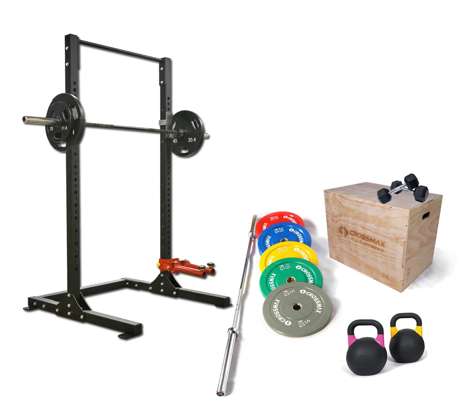 Crossmax Body Building Equipment Packages with Squat Rack, Bumper Plate and Barbell bars