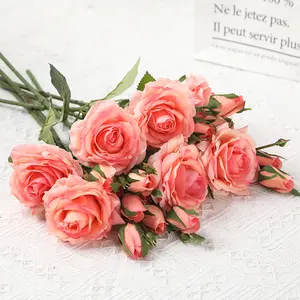 Flor artificial real para ramo, seda de látex de alta calidad, rosa de tres cabezas