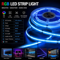 Bande LED COB RGB 576 LED/m 5V 7W/M, CRI élevé Ra90, ruban lumineux flexible, PCB 8MM découpable pour salle de jeu, rétroéclairage TV