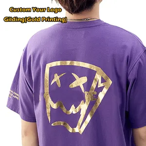 OEM Grosir Kaus Polos Leher Bulat Katun Organik Kaus Logo Cetak Emas Metalik Kustom Ukuran Ekstra Besar Kaus Pria