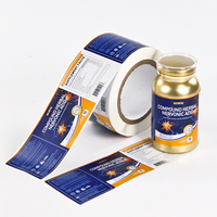 Impression d'étiquettes personnalisées pour compléments alimentaires en rouleau, avec pellicule métallique bleue pour flacons de vitamines