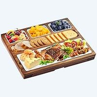Grande planche à fromage en bois d'acacia avec bols réutilisables, couteaux et fourchettes à fromage - Cadeaux de déménagement, de mariage, de fête prénuptiale