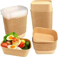 Bol en papier rectangulaire jetable avec couvercle, logo personnalisé, conteneur alimentaire en papier kraft écologique, boîte à salade anti-fuite pour emporter
