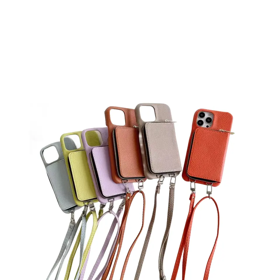Capa de bolso com zíper para celular, capa de couro PU para cartão e cordão, capa traseira para iPhone 11 12 13 14 15 Pro Max Plus