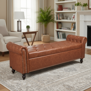 Panca Contenitore Imbottita con Bottoni in Pelle PU Marrone, Gambe in Legno, Arredamento per Soggiorno - Product Image 2