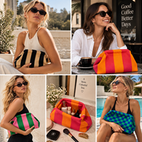 Nouveauté : Trousse de Toilette Grande Capacité pour Femme, Sac de Voyage, Pochette Tendance en Polyester Tricoté Rayé Polyvalent
