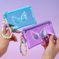 Beliebte bunte transparente Glitzer-Flügel-Geldbörse mit buntem Perlen-Lanyard-Schlüsselanhänger, Kartenhalter und Reißverschluss-Brieftasche