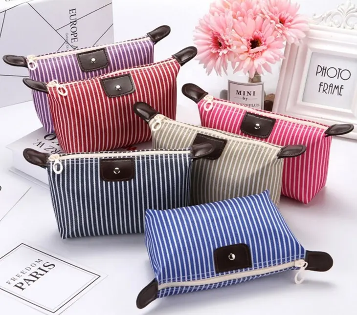 2022 Promotion Designer Striped Lady Cosmetic Bag Mini Giveaway Women Folding Makeup Pouch Dumpling Cheap Girl Toiletry Bag Case
