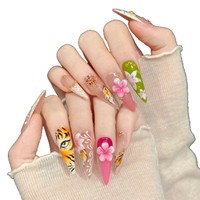 Kuku Akrilik Tempel 3D Motif Bunga Pink Wild Tiger Eye Bentuk Persegi Panjang dengan Manik-Manik Emas, Dapat Disesuaikan untuk Salon Kuku, Spa & Pemasok Kuku