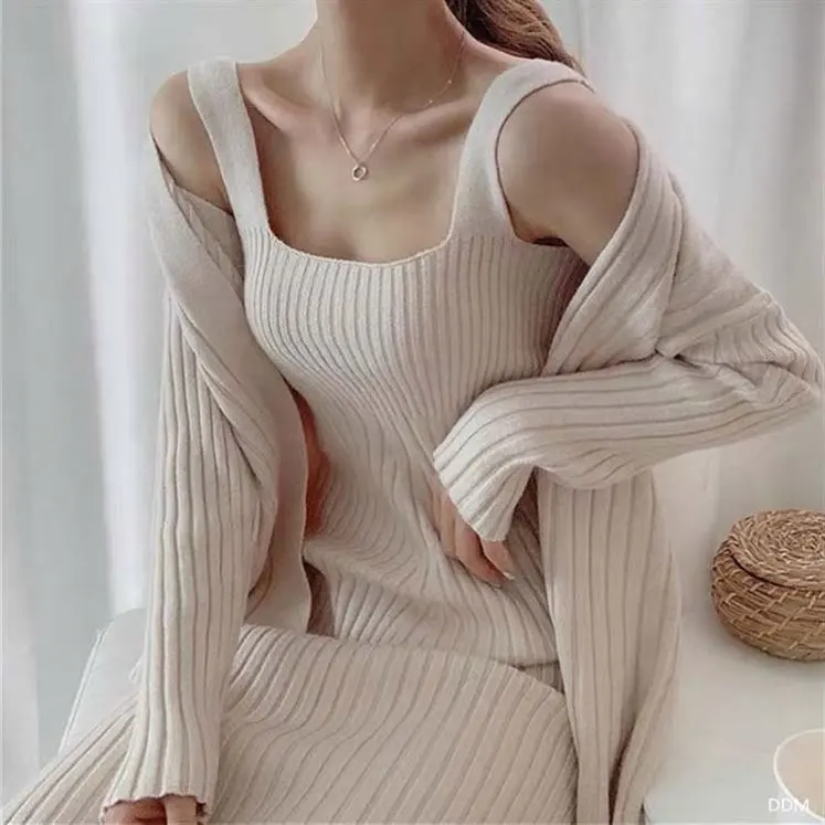 Sprg Knitted Cardigans Spaghetti Strap Sweater rib knit sweater Dress For Women 2 Piece Set Clothing