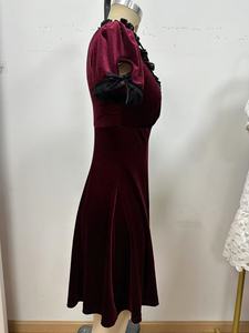 Maxi abito elegante in velluto <span class=keywords><strong>bordeaux</strong></span> con scollo a V per la sera d'estate Soirées motivo floreale stile dolce tessuto bottone Midi antistatico ODM - Product Image 3