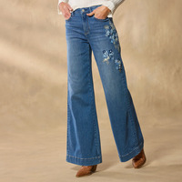 Pantalon en jean vintage respirant et écologique de haute qualité pour femme, coupe droite décontractée, broderie florale, taille haute boutonnée