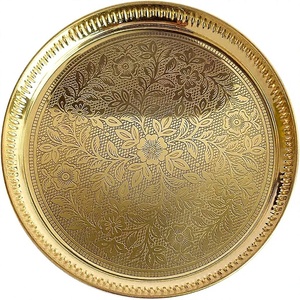 Round Gold Metal Serving Platter Handmade Polished Engraved Floral Pattern <b>Decorative</b> <b>Plate</b> For Home Kitchen Party Wedding Decor - Product Image 1
