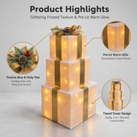 Ensemble de 3 boîtes cadeaux de Noël lumineuses en fer à étages, LED chaudes, finition givrée, directement de l'usine, pour décorations de Noël sur arbre, cheminée ou console