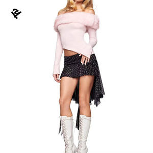 Haut court asymétrique rose pour <span class=keywords><strong>femme</strong></span>, à épaules dénudées, avec bordure en <span class=keywords><strong>fausse</strong></span> <span class=keywords><strong>fourrure</strong></span>, manches longues, en maille côtelée, sexy, pour soirée et club - Product Image 1