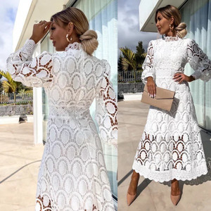 Señora elegante nuevo vestido de encaje cuello alto linterna manga larga Delgado Vestidos cintura temperamento moda Oficina viaje ocio hogar - Product Image 1