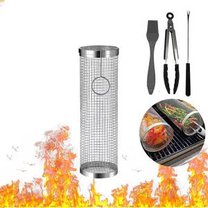 Round Stainless Steel Metal Net Tube Bbq Barbecue Basket Cylinder Rolling Grilling Basket