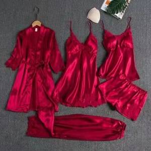 Offre Spéciale <span class=keywords><strong>pas</strong></span> cher prix Sexy dentelle couleur unie jarretelle Satin peignoir chemise de nuit pyjama vêtements de nuit 5 pièces ensemble pour les femmes - Product Image 2