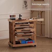 Chariot mobile professionnel HXS à cinq niveaux en bois pour fournitures d'art, avec chevalet et tabouret, finition bois naturel, installation sans outil
