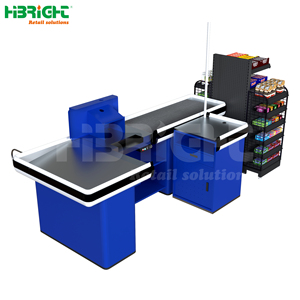 Mostrador de Caja para Supermercado o Tienda de Conveniencia, Estilo Clásico, de Acero, Color Azul Brillante, con Estante de Exhibición - Product Image 1